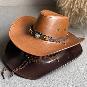 Western Cowboy Hat PU Leather Wide Brim Vintage Ethnic Style Sun Protection Jazz Hat With Wind Rope Outdoor Retro Travel Gear