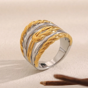 Bague multicouche minimaliste en acier inoxydable plaqué or 18K et argent avec texture