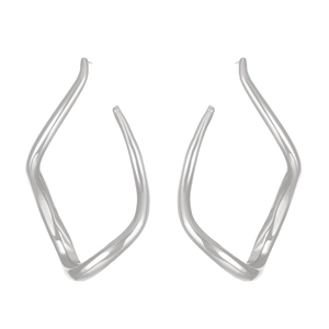 Detailed view of large silver twisted geometric earrings with a polished metallic finish