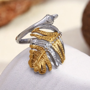 Leaf Ring Stainless Steel 18K Gold Plated Two-Tone Cubic Zirconia Hollow Feather Jewelry Women Elegant Vintage Luxury
