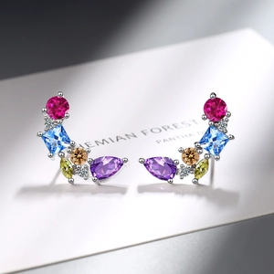 Chic multi-color zircon stud earrings with colorful gemstones and silver plating