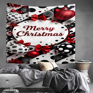 Detail showing Merry Christmas tapestry with black white stripes and red festive ornaments