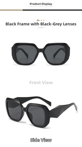 Detail view of large square oversized sunglasses featuring geometric carved temples