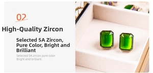 Macro detail of rectangle emerald-cut green 5A zircon earrings in gold setting