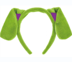 Detailed close-up of bright green and purple plush dalmatian dog ears headband for costumes