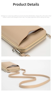 Detalle de bolso para móvil en piel beige granulada con cremallera plateada y correa