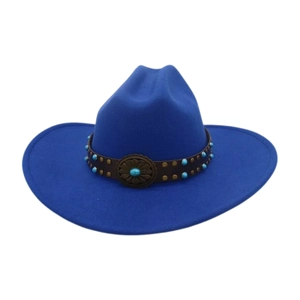 Detail of royal blue wool fedora hat with turquoise stone belt and vintage bronze buckle