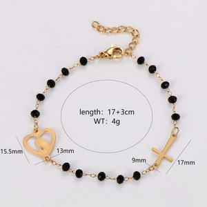 Bracelet religieux perles noires avec pendentifs cœur et croix dorés, longueur 17+3 cm
