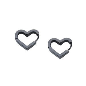 Matte black stainless steel heart shaped hoop earrings for women on a white background