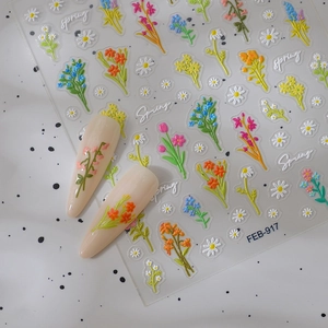 3D floral embossed nail art stickers FEB-917 with colorful daisy and tulip designs