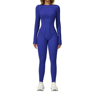 Slim fit navy blue long sleeve yoga jumpsuit with contrast seams and body-shaping design
