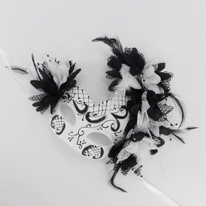 Detail of Day of the Dead mask with black feathers, lace, and sparkling gemstones