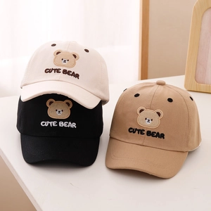 Detailed embroidery of cartoon bear and Cute Bear text on cotton kids baseball caps