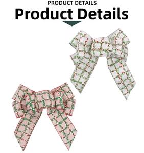 Detail of Christmas burlap bows featuring red and green plaid with festive pine patterns