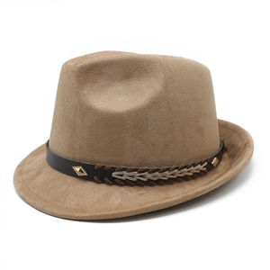 Classic khaki suede fedora hat with brown leather band and metallic diamond studs