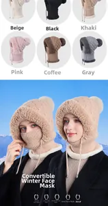 Detail view of winter knitted hooded hat with soft faux fur lining and plush pom-pom