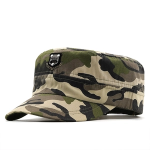 Classic jungle camouflage flat top military cap with shield metal badge for outdoor activities