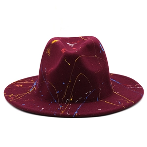 Burgundy felt fedora hat with colorful graffiti paint splash and artistic wide brim