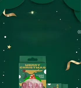 Detail of Christmas press-on nails featuring Santa and reindeer art in soft gel tips