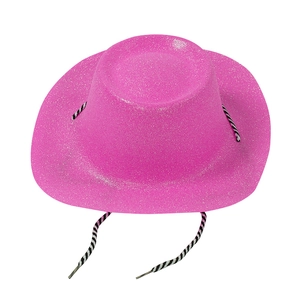 Detailansicht von pinkfarbenem Glitzer-Cowboyhut mit gestreifter Kordel und Textur