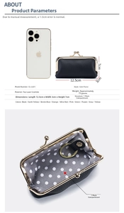 Detailed size specifications for a black pebbled leather coin purse with metal clasp