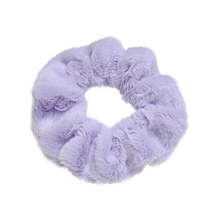 Soft lilac plush scrunchie hair tie for women, minimalist fluffy elastic ponytail holder