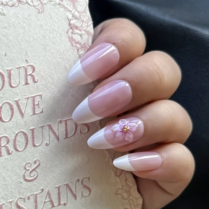 French tip long almond press-on nails with elegant pink floral hand-painted 3D art design