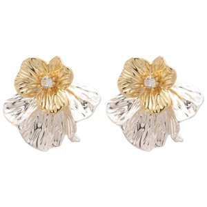 Elegante hohle Metall-Blumenohrringe mit Silberblättern, Goldmitte und klaren Edelsteinen