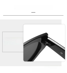 Detail of the reinforced metal hinge and sturdy black frame on cat-eye sunglasses
