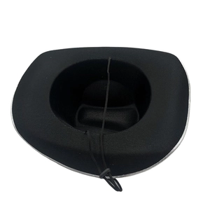 Detail of black cowboy hat featuring white trim edging and adjustable drawstring