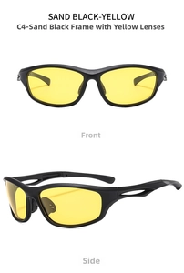Front and side views of matte sand black sports sunglasses with yellow lenses