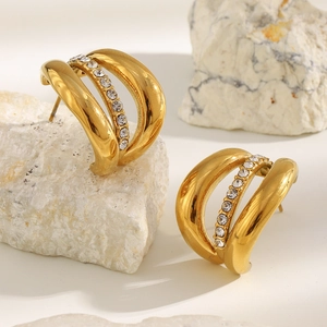Triple-layer 18K gold plated C-shaped earrings with rhinestones on a natural stone base