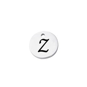 Detailed view of polished stainless steel round tag pendant featuring engraved letter Z