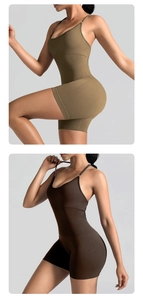 Close-up of olive and coffee athletic rompers showing high-stretch rib fabric detail