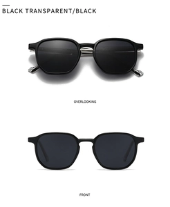 Detail view of black polarized sunglasses with silver metal accents on temples