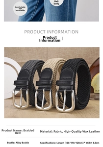 Detail specifications of elastic woven belt showing material size and alloy buckle info