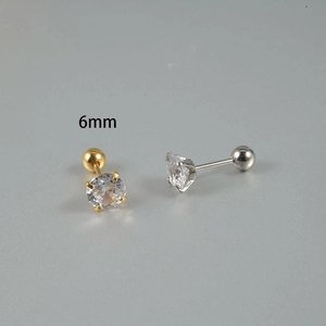 Detailed view of 6mm round cubic zirconia stud earring with 4-claw setting and ball back