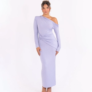 Detail of light purple one-shoulder maxi dress with side ruched waist and shimmering fabric