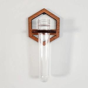 Detail of hexagonal wooden wall planter with a transparent hydroponic glass test tube
