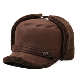 Winter thermal bomber hat with faux suede shell and plush lining for men in dark brown