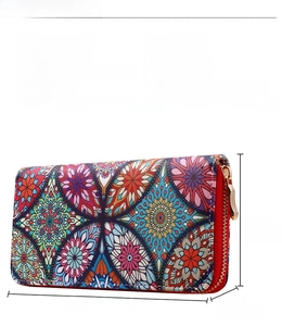 Ethnic mandala pattern plush wallet detail with dimensions and interior compartment specs