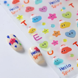 Cute cartoon nail stickers with colorful stars and clouds on white false nails