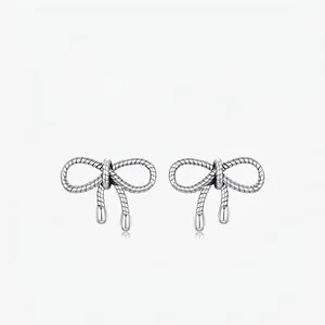 Bowknot Stud Earrings Vintage Rope Texture 925 Sterling Silver Earring Post Retro Small Bow Jewelry For Women Daily Wear
