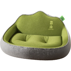 Mountain peak pet bed with thick green velvet cushion and grey striped outer fabric
