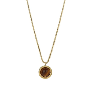 Collier chaîne torsadée dorée avec pendentif fleur rétro en pierre œil de tigre ronde