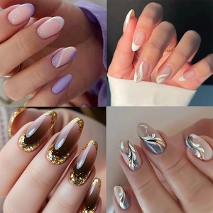 Unghie Finte A Pressione Forma Mandorla Lunghe ABS Lucide Glitter Stile Francese Eleganti Per Donna Accessorio Manicure Quotidiano Festa