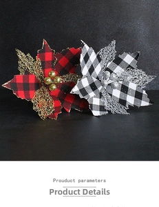 Detailed close-up of plaid fabric Christmas flowers with glitter center for holiday decor