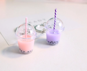 Cute pink and purple bubble tea keychain set with pearls and straws for bags