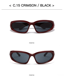 Front view of crimson wraparound cycling sunglasses with black lenses and sleek frame
