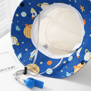 Detail of blue space-themed kids sun hat featuring breathable mesh lining and safety whistle